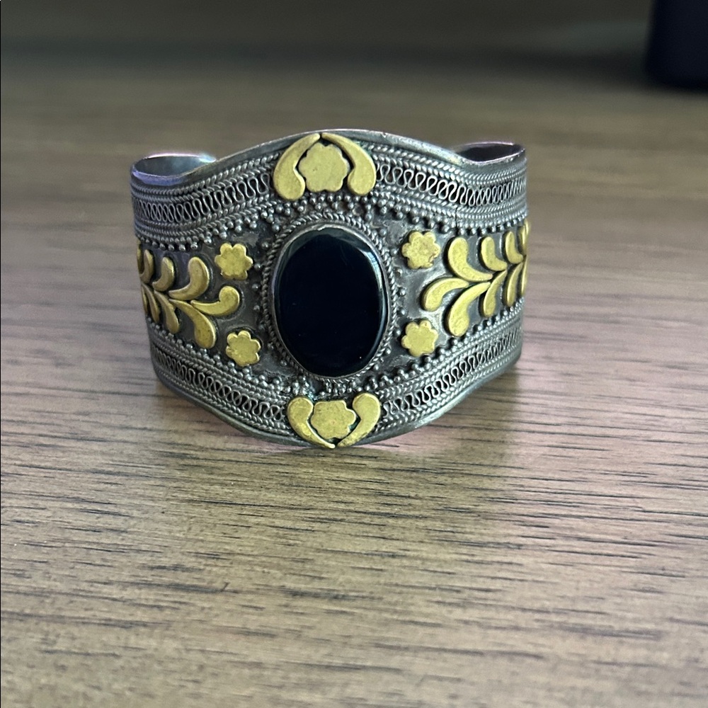 Silver and Gold Floral Cuff Bracelet with Black Stone
